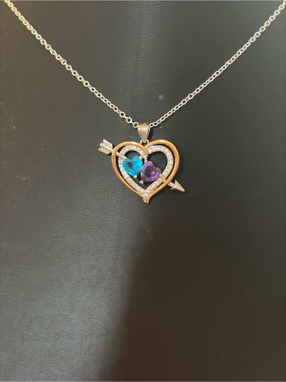Heart & Arrow Pendant Necklace with Blue and Purple Heart Gems